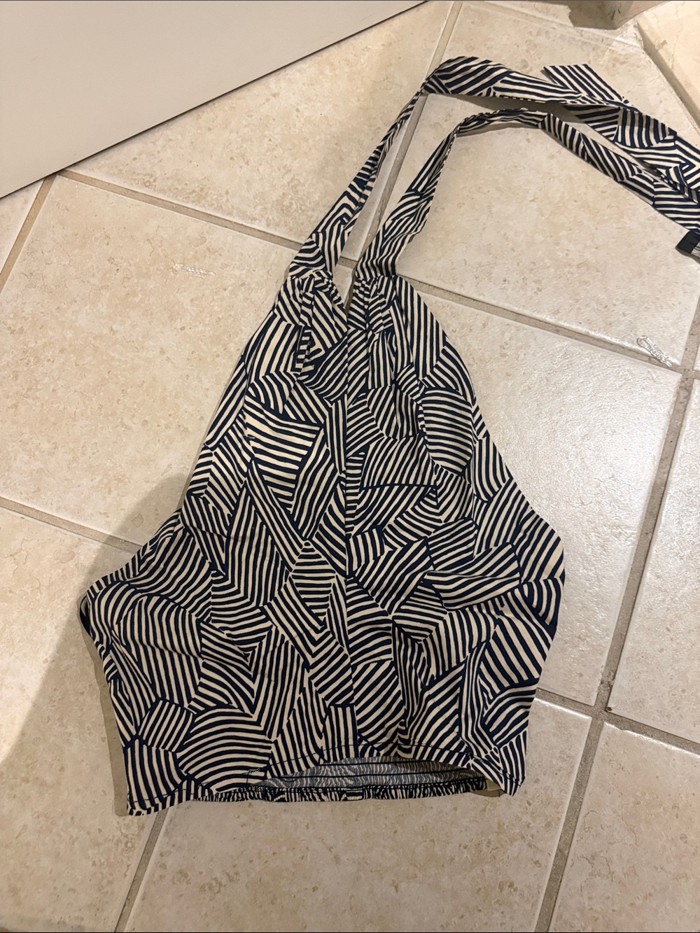 STAUD Navy and White Striped Twist Halter Crop Top